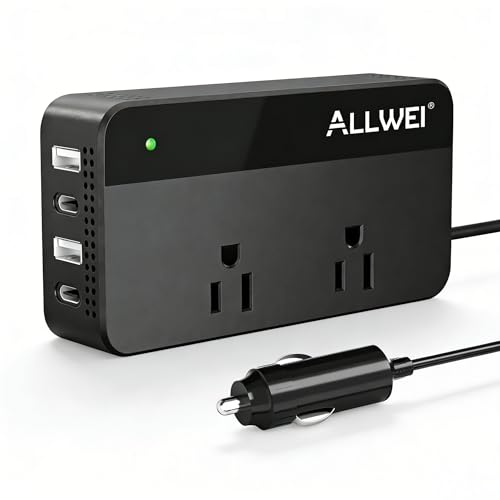 ALLWEI 200W Car Power Inverter, 12V DC to 110V AC Car Inverte with 4 USB Fast Charging Port(2xUSB A, 2xUSB C)- Car Charger Cigarette Lighter Adapter for Phone, Laptop and Small Devices on Road Trip