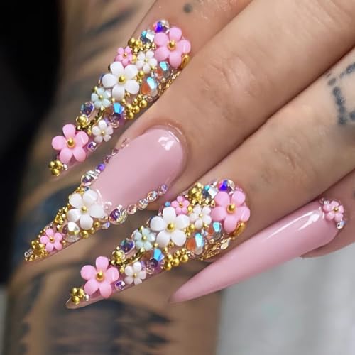 BABALAL Stiletto Press On Nails - Long Fake Nails, Pink Glue Ons, 24 Pcs Coquette Manicure False Nails