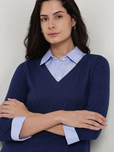 Image of FableStreet Women Shirt | Slim Fit V-Neck Layered Look with Striped Spread Collar & Three-Quarter Sleeves | Cotton Knit Jersey Fabric for Business Casual