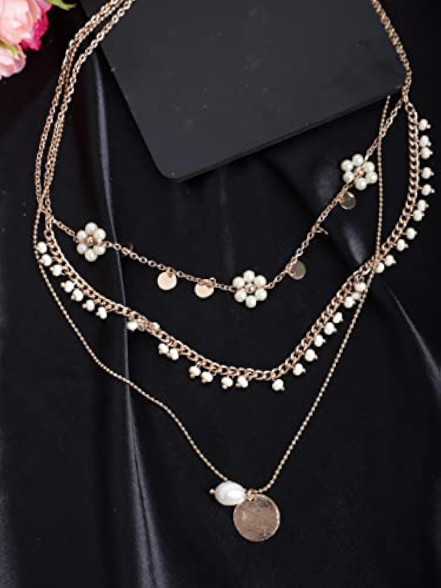 Layered Pearl Seed Bead Metal Charm Drop Necklace