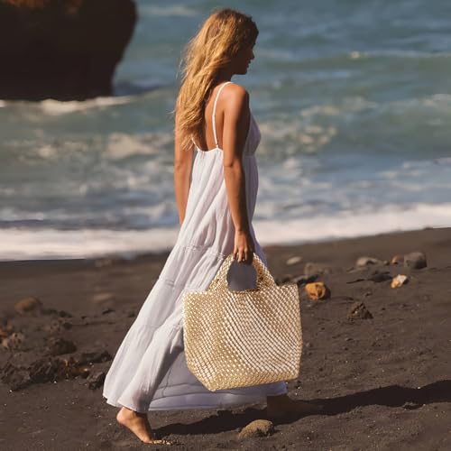 Image of Women's Vegan Leather Tote Bag - Handmade Woven Beach Bag, Travel Handbag with Purse & Top Handle Hobo Tote(Gold)