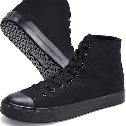Non-Slip Work Shoes for Men & Women, Unisex Oil & Water Slip Resistant Sneakers for Food Service Makers, Black High Top Restaurant Server Boots, Comfortable Casual Stain Resistant Chef Kitchen Shoes