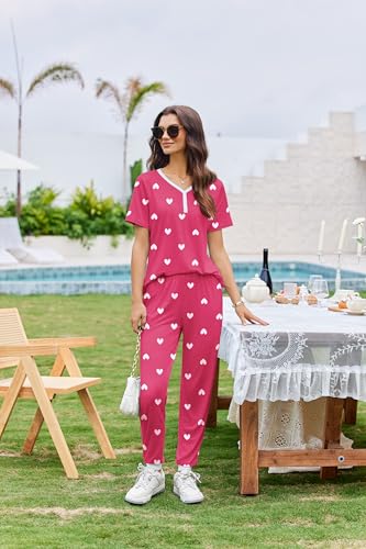 Image of Ekouaer Pajamas for Women Set 2 Piece Fall Lounge Sets Short Sleeve Pjs Joggers Long Pants Sleepwear with Pockets