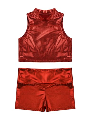Kids Girls 2pcs Shiny Metallic Gymnastics Dance Tracksuit Sleeveless Mock Neck Crop Top Vest And Boy Shorts Set Red 16 Years3