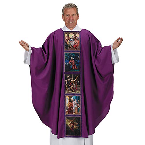 Lent Easter Seasonal Vestments The lenten Story Purple Polyester chasuble With Inner Stole, 51 Inch