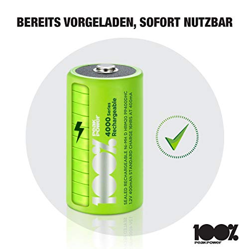 Mono-D-Akku 100% Peakpower NiMH, 2 Stück LR20 wiederaufladbare D Batterien