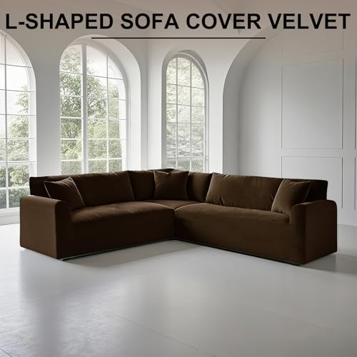 Housse de canapé d'angle velours extensible marron protection 5 places - 6