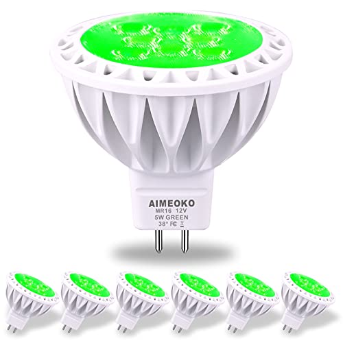 AIMEOKO MR16 Green LED Light Bulbs 5W(35W 50W Halogen Equivalent),GU5.3 Base Low Voltage 12V Green Color Spotlight,38 Deg ,for Outdoor Landscape,Yard,Garden Tree,Step Lighting,6 Pack
