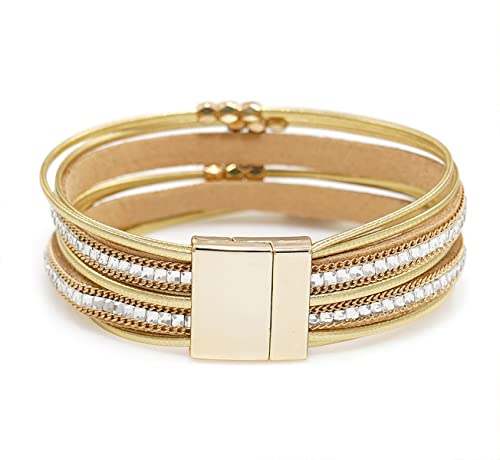 Wovanoo Leather Wrap Bracelets For Women Multi-Layer Handmade Wristband Braided Rope Cuff Bangle Gift For Birthday, Monther's Day, Valentine's Day Crystal Gold #TOP3