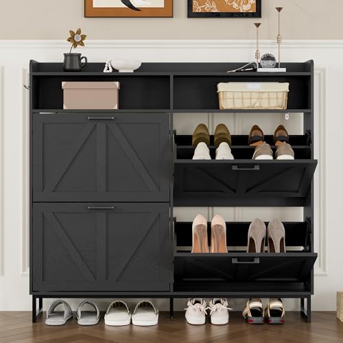 Image of BORNOON Shoe Cabinet with 4 Flip Drawers Narrow Shoe Storage Cabinet Organizer Wooden Freestanding Shoe Rack Hidden Slim Shoes Storage Cabinet for Entryway, Hallway, Living Room, Bedroom