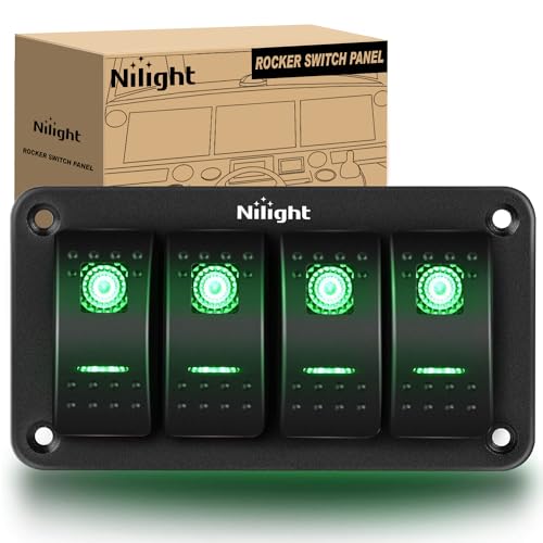 Image of Nilight 4 Gang Rocker Switch Panel SPST On Off Toggle with DIY Label Sticker | 5PIN Electrical 12V /20A 24V /10A Aluminum Plate with Pre-Wired Jumper Wires for LED Light Bar RV Boats 4X4 Cars Green