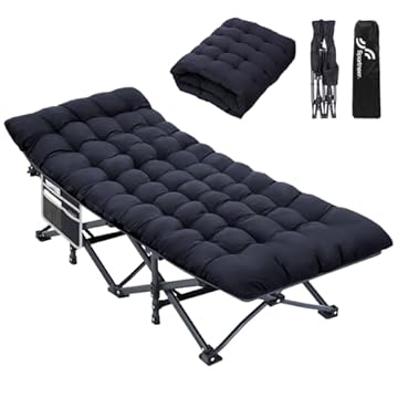 Sportneer Lettino da campeggio, per adulti, con materasso, carico massimo 204 kg, resistente, portatile, pieghevole, con imbottitura, per tenda da campeggio, ufficio, viaggi, per dormire (1, nero +