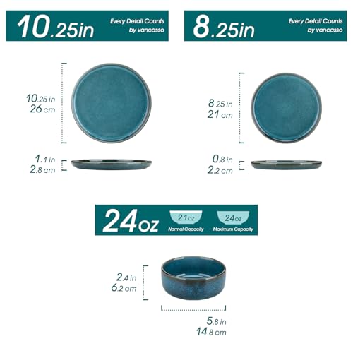 vancasso Geschirrset für 4 Personen, VEGA Tafelservice aus Steinzeug, Modernes Kombiservice 12tlg mit Speiseteller, Dessertteller und Müslischalen, Blau