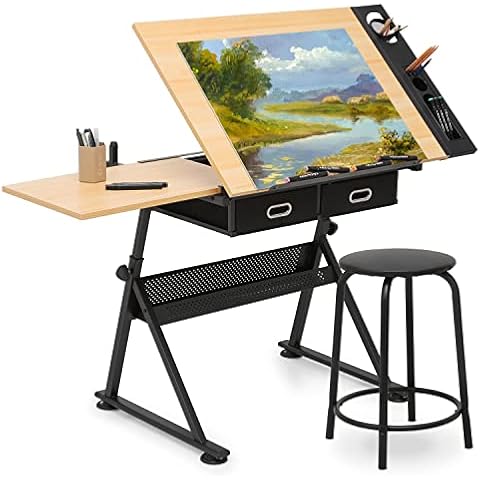 Magshion Drafting Table Set Adjustable Height Artist Desk with Tilting Wooden Tabletop and Sliding Desktop, Multifunctional Art Desk with Stool and 2 Storage Drawers for Home Office School (Natural) Cover