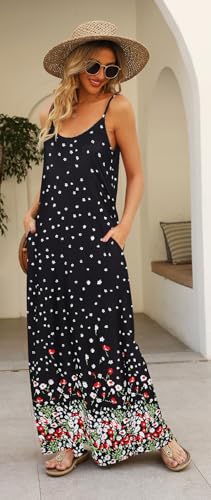Image of Supnier Women's Summer Maxi Dress Casual V-Neck Sleeveless Bohemian Spaghetti Strap Floral Long Maxi Dress with Pockets