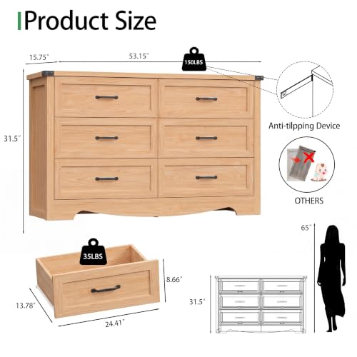Image of Dresser for Bedroom with 6 Drawers, 54 inch Wide Wood Chest of Drawers with Deep Drawers & Mental Handle, Modern Dresser TV Stand, Wooden Closet Storage Organizer for Living Room, Hallway, Entryway, Oak