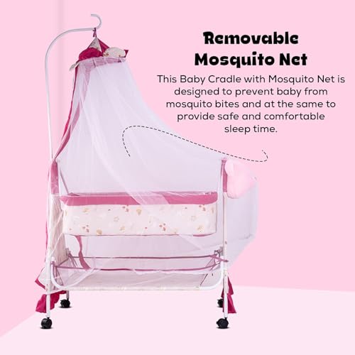 Image of BAYBEE CozyNest Baby Cradle and Swing Jhula for Newborn Babies with Removable Mosquito Net, Washable Fabric, Lockable Wheels & Safe Sleeping Bed Crib for Infants Up to 2 Years (Pink)