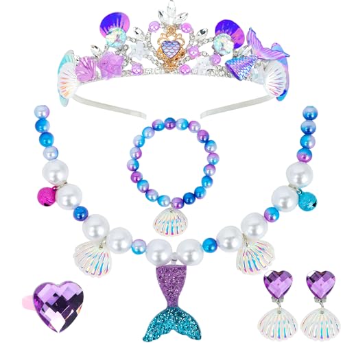 6 Pcs Mermaid Crown Mermaid Necklace Bracelet Earrings Ring Set Jewelry Mermaid Jewelry the Little Mermaid Party Decorations Princess Party Dress Up