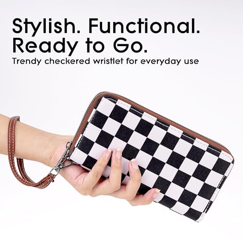 Checkered Wallet for Women with Wrist Strap – Zip Around Canvas Clutch with Card Slots, Cash Pocket & Interior Zip Pouch, Black & White Plaid3