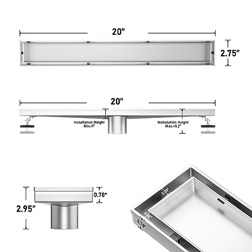 Image of Linear Shower Drain 20 inch Brushed 304 Stainless Steel | Fast Drainage | Tile Inserted | Stainless Floor Drain Grate | Hair Strainer | Drain Key | The Upgrade for Your Bathroom
