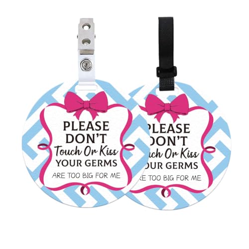 Image of 2 Pack Red Knot Bow No Touching Signs Stop No Touching Safety Sign for Family PVC Seat Signs-Stroller Tag with Hanging Strap and Clip Durable for Car Accessories 5 Inches