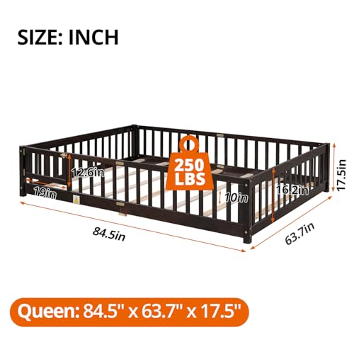 i-POOK Queen Floor Bed for Children, Sturdy Wood Montessori Bed Frame with Wood Slats, High Fence & Small Door for Girls and Boys, Espresso (with Bed Slats)