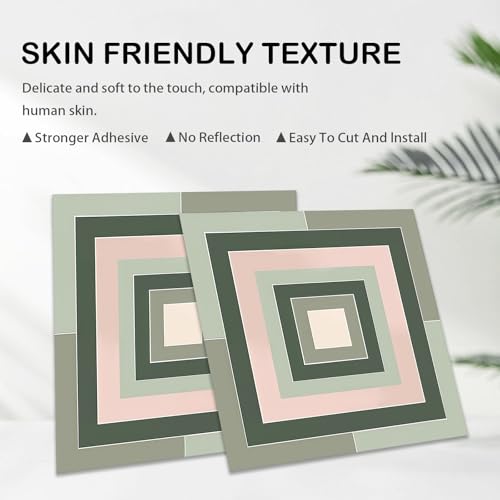 Image of Nuxovilar Peel and Stick Vinyl Floor Tiles, 12x12 Inch | Morandi Pink Green Square Geometric Pattern, Self-Adhesive Flooring (10 Pcs)