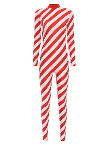 Aiihoo Disfraz de Navidad para mujer, traje de gimnasia de manga larga, bastones de caramelo, mono de Navidad, mono de baile, competición, S rojo, XL