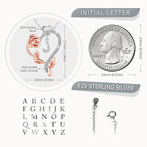 Snzm Initial Necklaces For Women-925 Sterling Silver Rose Heart Letter Pendant Necklace With 5A Cubic Zirconia Dainty Jewelry Birthday Christmas Gifts For Daughter Wife Mum #TOP2