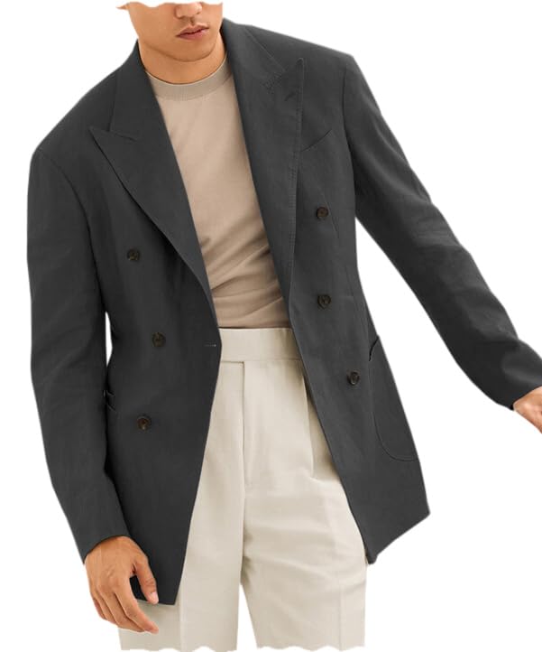 Mens Cotton Linen Suit Jacket Blazer Vintage Lightweight Casual Blazer Double Breasted
