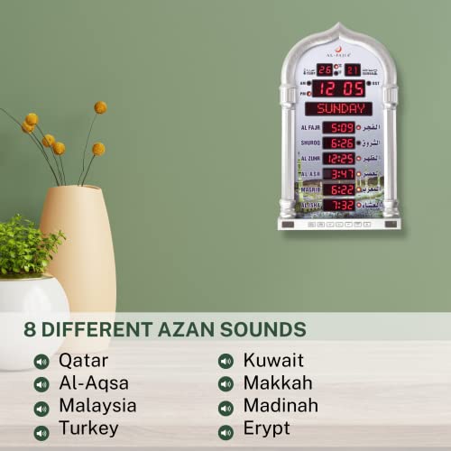 Image of Automatic Worldwide Digital 8 Azan Prayer Sounds and Athan Time Reminder Wall and Desk Large Clock for USA 4008PRO (Silver)