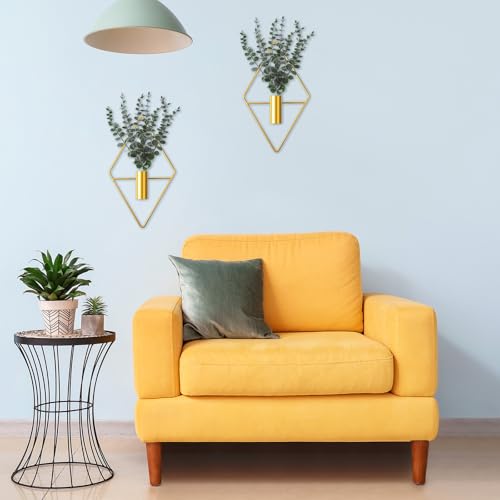 Image of Jexine 4 Pcs Hanging Planters with Artificial Eucalyptus Metal Hanging Vase Indoor Plants Holder Modern Geometric Boho Bathroom Wall Decor for Living Room Home Office (Eucalyptus,Gold)