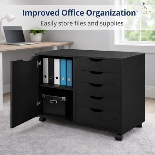 Image of Naomi Home Under Desk Rolling Office File Cabinet with 5 Drawers & Side Storage Cabinet, Mobile Organizer with Shelves & Swivel Casters for Home Office - Black
