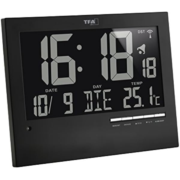 TFA Dostmann Cyfrowy zegar radiowy z automatycznym podświetleniem, temperatura wewnętrzna, data, dzień tygodnia, kolor czarny, 60.4508