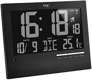 TFA Dostmann Digitale Funkuhr mit automatischer Hintergrundbeleuchtung, mit Innentemperatur, Datum, Wochentag, schwarz, 60.4508