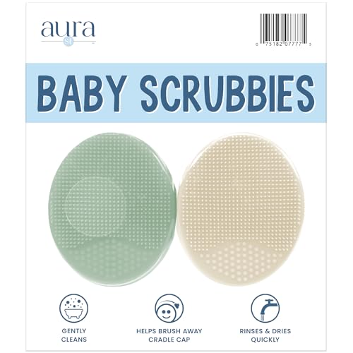 S&T INC. Exfoliating and Massaging Cradle Cap Bath Brushes for Baby Silicone - 2 Inch x 2.5 Inch Sage Green & Cream 2 Pack