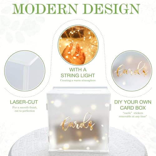 Image of OurWarm Acrylic Wedding Card Box with String Light, Frosted Gift Card Box for Wedding Decorations for Reception, Money Box for Bridal Shower Decorations Party Reception Anniversary