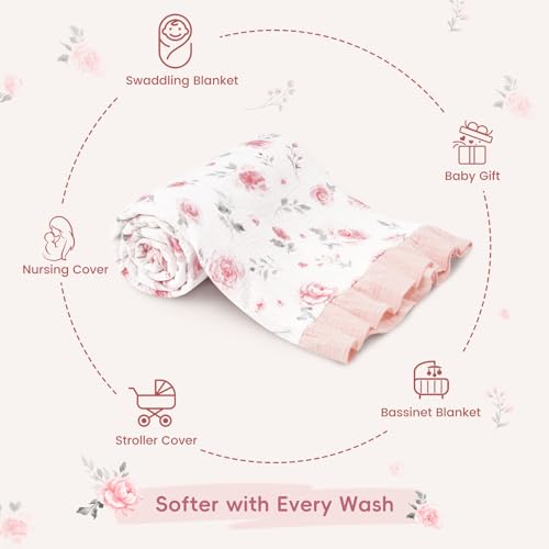 Image of david's kids Flounce Muslin Baby Blanket for Girls Boys, 100% Cotton Soft Crib Swaddle Blankets, Reversible & Breathable Nursery Bedding for Newborns Toddlers, 47 x 47 Inches (Floral)