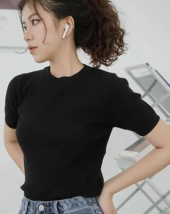Image of Slim Fit Plain Stretchable Round Neck Rib Knit Short Sleeve Regular Top for Women | T Shirt | Tee