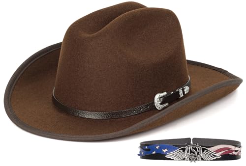 Image of Cowboy Hats for Women & Men Felt Cowgirl Hat with Belt Buckle Wide Brim Western Hat