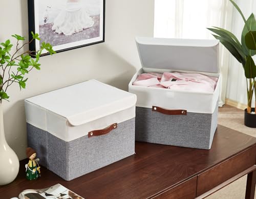 Image of DECOMOMO Foldable Storage Bin with Lids [3-Pack] Collapsible Sturdy Cationic Fabric Storage Basket Box Container W /Handles for Organizing Shelf Nursery Linen (Grey & White, 15 x 11 x 11 inch - 3 Pack)