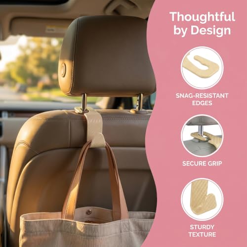 Image of 4PCS Car Seat Headrest Hooks, Auto Back Seat Hanger Holder, Durable Stylish Vehicle Organizer Universal Car Interior Accessories, Storage Hooks for Purses, Bags, Clothes (Carbon Fiber /Beige)