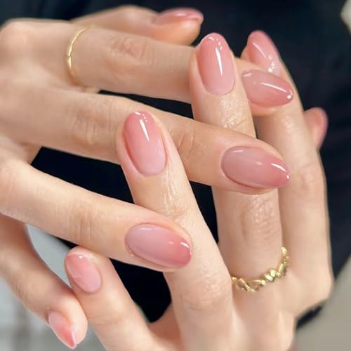 RTKHFZE Press on Nails Short French Tip Oval Fake Nails Pink to Blush Full Cover Nails Glossy Ombre Acrylic Nails 24Pcs Almond Stick on Nails for Women Nail Decorations