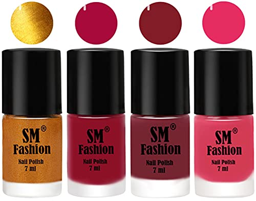 Image of Nail Polish Combo Set (Pack of 4) Quick Dry Gel Finish Nail Paint | Golden,Raspberry,Lip,Dark Rose Pink | 7 ml Each