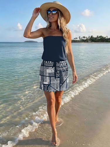 Image of SAUKOLE Summer Dress for Women Strapless Beach Cover Ups Boho Sundress Mini Dress Drawstring Waist with Pockets