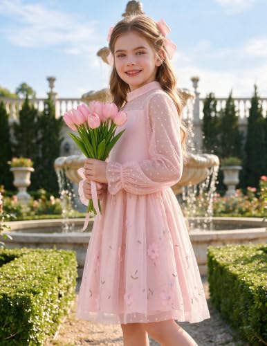 Image of Arshiner Girls Dresses Contrast Mesh Puff Long Sleeve Formal Party Dress