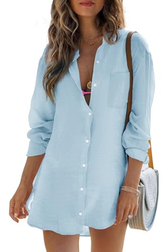 Womens Beach Cover Up Button Down Shirts Summer Cotton Gauze Tops...