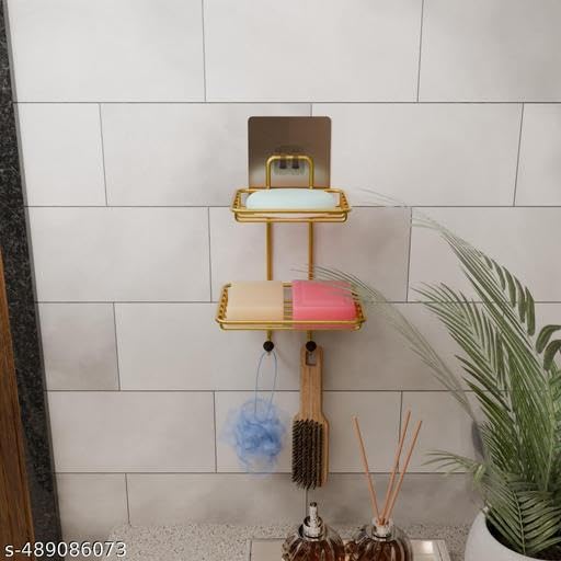 Image of S N Gold Unique Colour Wall Mounted Double Layer soap Dish Holder Stainless Steel Wall Hanging Soap Storage Rack for Kitchen Bathroom-with Self Adhesive Magic Sticker(Silver)