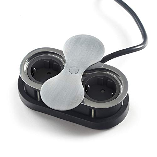 SOTECH Prise encastrée (2 x prises Schuko) aspect acier inoxydable avec fiche avec couvercle rotatif push to open élément de prise double pour plans de travail