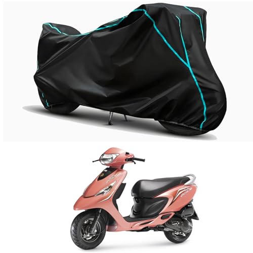 Image of Waterproof Bike Body Cover Compatible for | TVS Scooty Zest | Taffeta Fabric, Sky Piping Design, Bottom Elastic Fit | Dustproof, Sun UV & Rain Protection for All Weather.